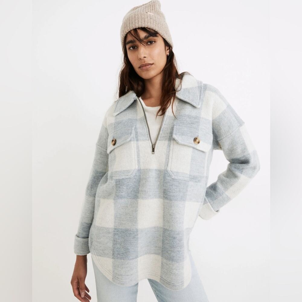 Madewell Boiled Wool Half-Zip Popover Sweater in Buffalo Check Blue Plaid Small